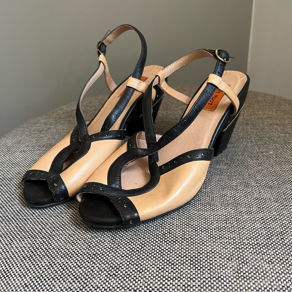Miz Mooz size 6.5 heeled sandals in black and cream leather.